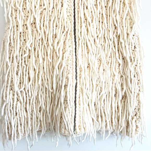 ECOTE Natural Cream Wool Blend Fringe Shaggy Knit Hoodie Zipper Vest Sz M NWT - Picture 4 of 13